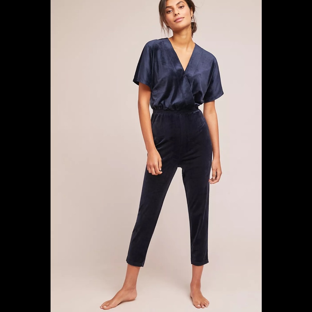 Anthropologie navy velour velvet pull on jumpsuit